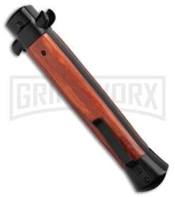 11" Mago Wood/Black OTF Automatic Bayo Knife W/Clip - Satin Plain -Kershaw Store 11in Mago OTF Auto Bayo Wood Black Clip Satin BHQ 179226 jr side large