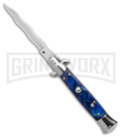 9" Anomaly Stiletto Blue Pearlex Automatic Knife - Satin Kriss