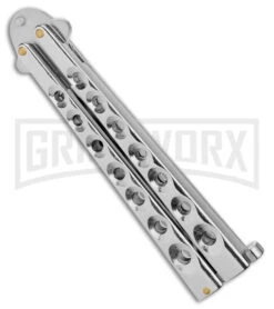 Kriss Blade Silver Butterfly Balisong Knife - Satin Plain -Kershaw Store 9in Silver Butterfly Kriss Blade Satin GX 2609 jr side large