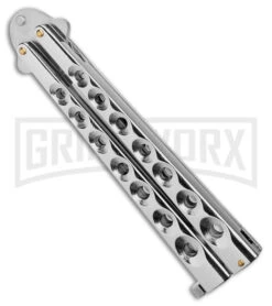 Kriss Blade Silver Butterfly Balisong Knife - Satin Plain -Kershaw Store 9in Silver Butterfly Kriss Blade Satin GX 2609 jr spine large