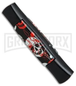 AKC 077 Concord Red/White Skull OTF Automatic Knife - Flat Grind Black Plain -Kershaw Store AKC 077 concord red white skull black BP 19133 er side large
