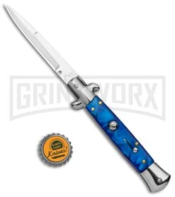 9" Anomaly Stiletto Blue Pearlex Automatic Knife - Satin Bayonet -Kershaw Store AKC 9in Blue Pearlex Acrylic Auto Italian Bayo Stiletto Satin GX 37998 jr bottlecap large