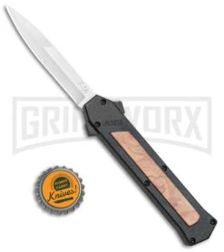 AKC F-16 Black/Wood D/A OTF Automatic Knife - Bayo Satin Plain -Kershaw Store AKC F 16 Black Wood DA OTF Auto Bayo Satin Plain BP 24620 jr bottlecap large