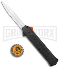 AKC F-16 Black D/A OTF Automatic Knife + Orange Button - Bayo Satin Plain -Kershaw Store AKC F 16 DA Bayo OTF Auto Black Orange Button Satin BHQ 102935 jr bottlecap large