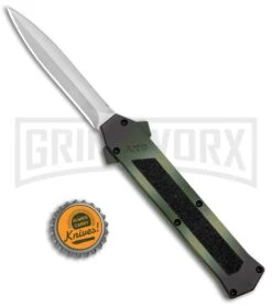 AKC F-16 Green Camo D/A OTF Automatic Knife - Dagger Satin Plain -Kershaw Store AKC F 16 DA Dagger Camo OTF Auto Green Satin BHQ 125374 jr bottlecap large