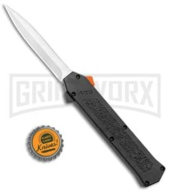 AKC F-16 Black D/A OTF Automatic Knife + Orange Button - Dagger Satin Plain -Kershaw Store AKC F 16 DA Dagger OTF Auto Black Orange Button Satin BHQ 98892 jr bottlecap large