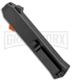 AKC F-16 Black D/A OTF Automatic Knife + Orange Button - Dagger Satin Plain -Kershaw Store AKC F 16 DA Dagger OTF Auto Black Orange Button Satin BHQ 98892 jr side large