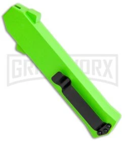 AKC F-16 Neon Green D/A OTF Automatic Knife - Dagger Satin Plain -Kershaw Store AKC F 16 DA Dagger OTF Auto Neon Green Satin BHQ 113380 jr side large