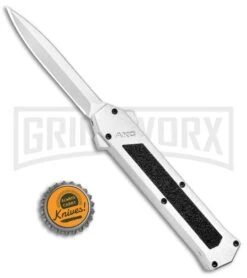 AKC F-16 White D/A OTF Automatic Knife - Dagger Satin Plain -Kershaw Store AKC F 16 DA Dagger OTF White Satin BHQ 94221 jr bottlecap large