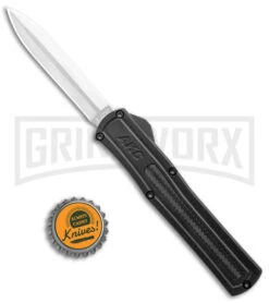 AKC F-20 Black D/A OTF Automatic Knife - Dagger Satin Plain -Kershaw Store AKC F 20 DA Dagger OTF Auto Black CF Satin BHQ 141100 jr bottlecap large
