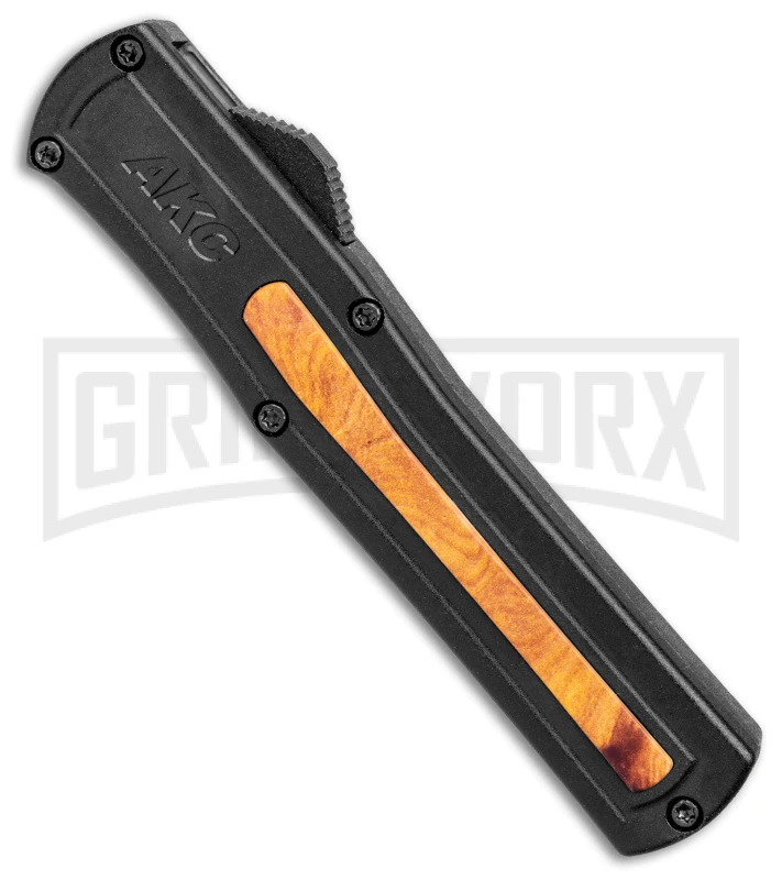 AKC F-20 Black W/ Wood Inlay D/A OTF Automatic Knife - Satin Plain 4 AKC F-20 Black W/ Wood Inlay D/A OTF Automatic Knife - Satin Plain - Image 2