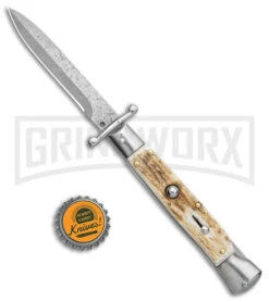 Automatic Italian Style Swinguard 9" Stag - Damascus Bayonet Blade -Kershaw Store AKC Swinguard 9in Stag Bayo Damascus GX 3647 jr bottlecap large