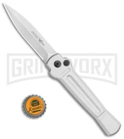AKC X-treme Ace Silver Automatic Knife - Satin Plain -Kershaw Store AKC X treme Ace Auto Silver Satin BHQ 113920 jr bottlecap large