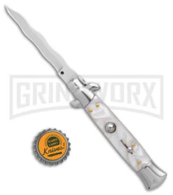 9" Anomaly Stiletto White Pearlex Automatic Knife - Kriss Satin Plain -Kershaw Store Anomally 9in Stiletto White Pearlex Auto Satin Kriss BHQ 163544 jr bottlecap large
