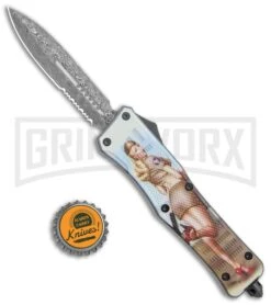 Atomic Defender Large OTF Automatic Knife Pin Up Tan - Serr Damascus Dagger -Kershaw Store Atomic Defender Large OTF Auto Pin Up Green Serr Damascus Dagger GX 37339 jr bottlecap large