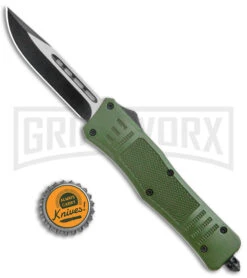 Atomic Defender Medium OTF Automatic Knife Dark Green - Two Tone Drop Point -Kershaw Store Atomic Defender Medium OTF Auto Dark Green TT DP GX 38389 jr bottlecap large