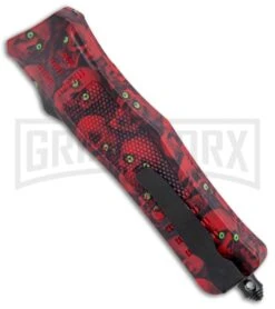 Atomic Defender Medium OTF Automatic Knife Red Skull - Two Tone Recurve -Kershaw Store Atomic Defender Medium OTF Auto Red Skull TT Recurve GX 37410 jr side large