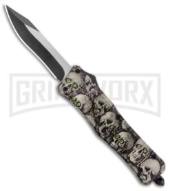 Atomic Defender Medium OTF Automatic Knife White Skull - Two Tone Recurve