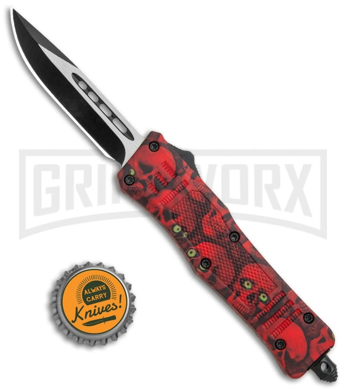 Atomic Defender Mini OTF Automatic Knife Red Skull - Two Tone Drop Point Plain 7 Atomic Defender Mini OTF Automatic Knife Red Skull - Two Tone Drop Point Plain - Image 5