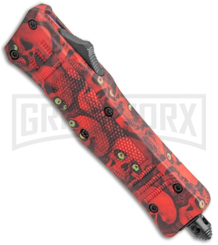 Atomic Defender Mini OTF Automatic Knife Red Skull - Two Tone Drop Point Plain 4 Atomic Defender Mini OTF Automatic Knife Red Skull - Two Tone Drop Point Plain - Image 2