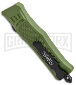 Atomic Defender Mini OTF Automatic Knife OD Green - Serr Black Dagger -Kershaw Store Atomic Mini Defender OD Green OTF Auto Black Dagger Serr GX 33490 jr side large