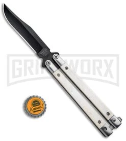 Bear And Son White Smooth Bone Balisong Butterfly Knife - Black Plain -Kershaw Store Bear Butterfly Knife White Smooth Bone Handle Black WSB17 BHQ 14380 jr bottlecap large