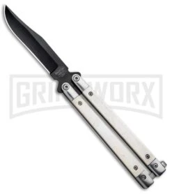 Bear And Son White Smooth Bone Balisong Butterfly Knife - Black Plain
