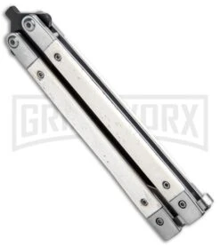 Bear And Son White Smooth Bone Balisong Butterfly Knife - Black Plain -Kershaw Store Bear Butterfly Knife White Smooth Bone Handle Black WSB17 BHQ 14380 jr side large