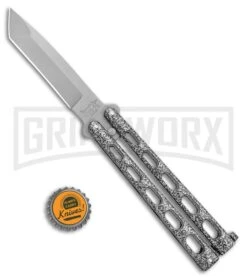 Bear & Son Knives 114A Large Silver Balisong Butterfly Knife - Blasted Tanto -Kershaw Store Bear Butterfly Tanto Large Silver Vein BB BHQ 0663 jr bottlecap large