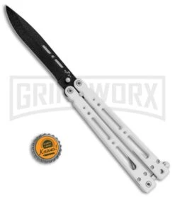 Bear OPS Bear Song IV Arctic White Balisong Butterfly Knife W/Trainer - Black -Kershaw Store Bear Ops Bear Song IV Butterfly Arctic White Trainer Satin B 400 ALW B BHQ 79336 jr bottlecap large