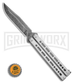 Bear Ops Bear Song VIII Gray Butterfly Knife - Clip Point Damascus Plain -Kershaw Store Bear Ops Bear Song VIII Butterfly Knife Drop Point 4.5in Damascus 154CM BHQ 107340 LS Side large