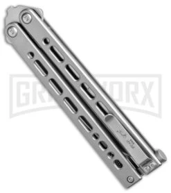 Bear Ops Bear Song VIII Small Gray Butterfly Knife - Bayonet Satin Plain -Kershaw Store Bear Ops Bear Song VIII Small Butterfly Gray Satin Bayo BHQ 145125 jr side large