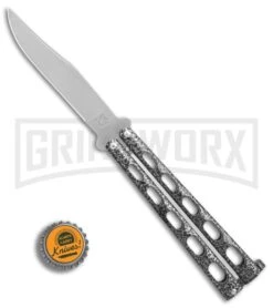 Bear & Son Knives Silver Speckle 114 Balisong Butterfly Knife - Satin Plain -Kershaw Store Bear Son 114 speckle satin BHQ 0365 er bottlecap large