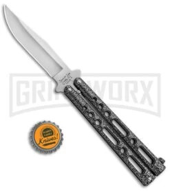 Bear & Son Knives Gray Large 117 Balisong Butterfly Knife - Satin Plain -Kershaw Store Bear and Son 117 Large Butterfly Gray Satin BC117 BHQ 39154 jr bottlecap large