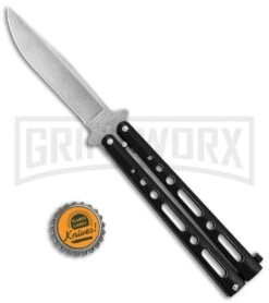 Bear & Son Butterfly Knife Black Steel - Clip Point Plain -Kershaw Store Bear and Son Butterfly Black SW BHQ 135110 jr bottlecap large
