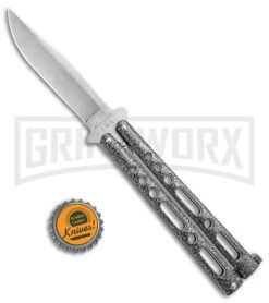 Bear & Son Knives Gray 117 Balisong Butterfly Knife - Stone Wash Plain -Kershaw Store Bear and Son Butterfly Gray SW BHQ 139093 jr bottlecap large