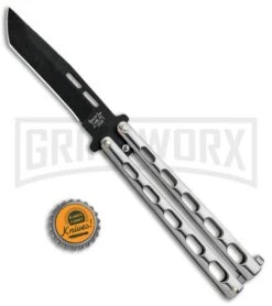 Bear & Son Knives 15 Stainless Steel Butterfly Knife - Tanto Black Plain -Kershaw Store Bear and Son Tanto Butterfly SS Black SS15TAN BHQ 87938 jr bottlecap large