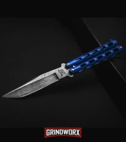 Bear And Son Knives Blue Balisong Butterfly Knife - Damascus Plain -Kershaw Store Bear and son butterfly blue damascus 114bld BHQ 36772 dl large