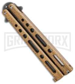 Benchmark Gold Epoxy Steel Butterfly Knife - Stonewash Plain -Kershaw Store Benchmark Butterfly Gold Stonewash BHQ 138079 td side large
