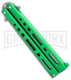Benchmark Green Epoxy Steel Butterfly Knife - Stonewash Plain -Kershaw Store Benchmark Butterfly Green SW BHQ 143933 jr side large