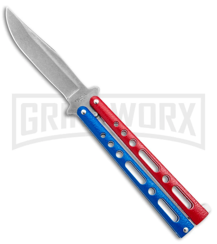 Benchmark Red & Blue Epoxy Steel Butterfly Knife - Stonewash Plain 3 Benchmark Red & Blue Epoxy Steel Butterfly Knife - Stonewash Plain