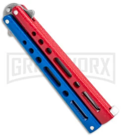 Benchmark Red & Blue Epoxy Steel Butterfly Knife - Stonewash Plain 8 Benchmark Red & Blue Epoxy Steel Butterfly Knife - Stonewash Plain -Kershaw Store Benchmark Butterfly Red White Blue SW BHQ 143934 jr side large