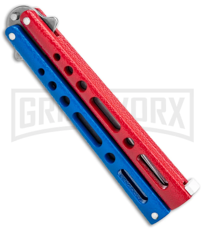 Benchmark Red & Blue Epoxy Steel Butterfly Knife - Stonewash Plain 5 Benchmark Red & Blue Epoxy Steel Butterfly Knife - Stonewash Plain - Image 3