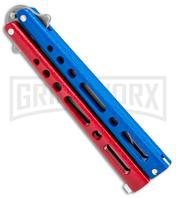 Benchmark Red & Blue Epoxy Steel Butterfly Knife - Stonewash Plain 4 Benchmark Red & Blue Epoxy Steel Butterfly Knife - Stonewash Plain - Image 2