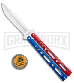 Benchmark Red & Blue Epoxy Steel Butterfly Knife - Satin Plain -Kershaw Store Benchmark Butterfly Red White Blue Satin BHQ 141219 jr bottlecap large