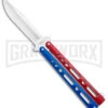 Benchmark Red & Blue Epoxy Steel Butterfly Knife - Satin Plain -Kershaw Store Benchmark Butterfly Red White Blue Satin BHQ 141219 jr large