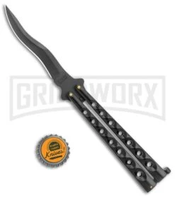 Scoundrel Black Balisong Butterfly Knife Kriss - Black Plain -Kershaw Store Black Butterfly Balisong Kriss Blade Black GX 3066 jr bottlecap large