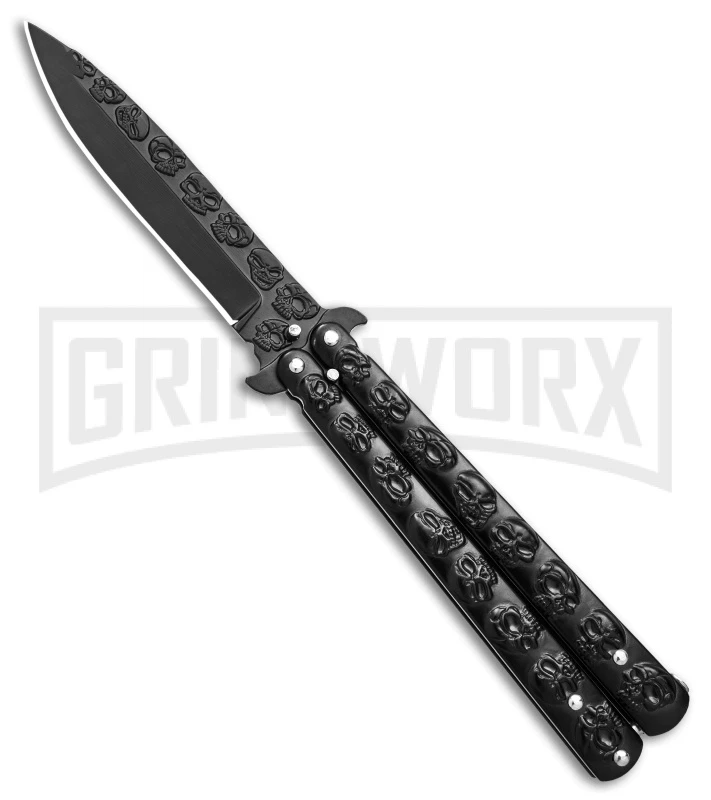 Chalkhill Balisong Black Butterfly Knife - Black Skull Handles 3 Chalkhill Balisong Black Butterfly Knife - Black Skull Handles