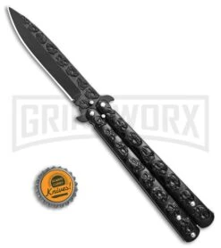 Chalkhill Balisong Black Butterfly Knife - Black Skull Handles 9 Chalkhill Balisong Black Butterfly Knife - Black Skull Handles -Kershaw Store Black Skull Balisong Drop Point Butterfly Knife Black Finish GX 37658 td size large