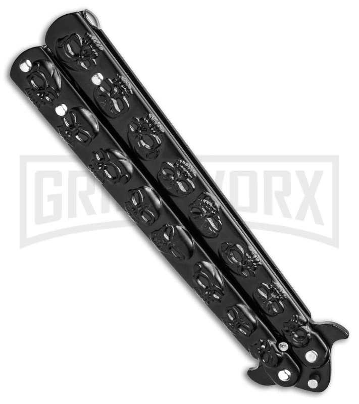 Chalkhill Balisong Black Butterfly Knife - Black Skull Handles 4 Chalkhill Balisong Black Butterfly Knife - Black Skull Handles - Image 2